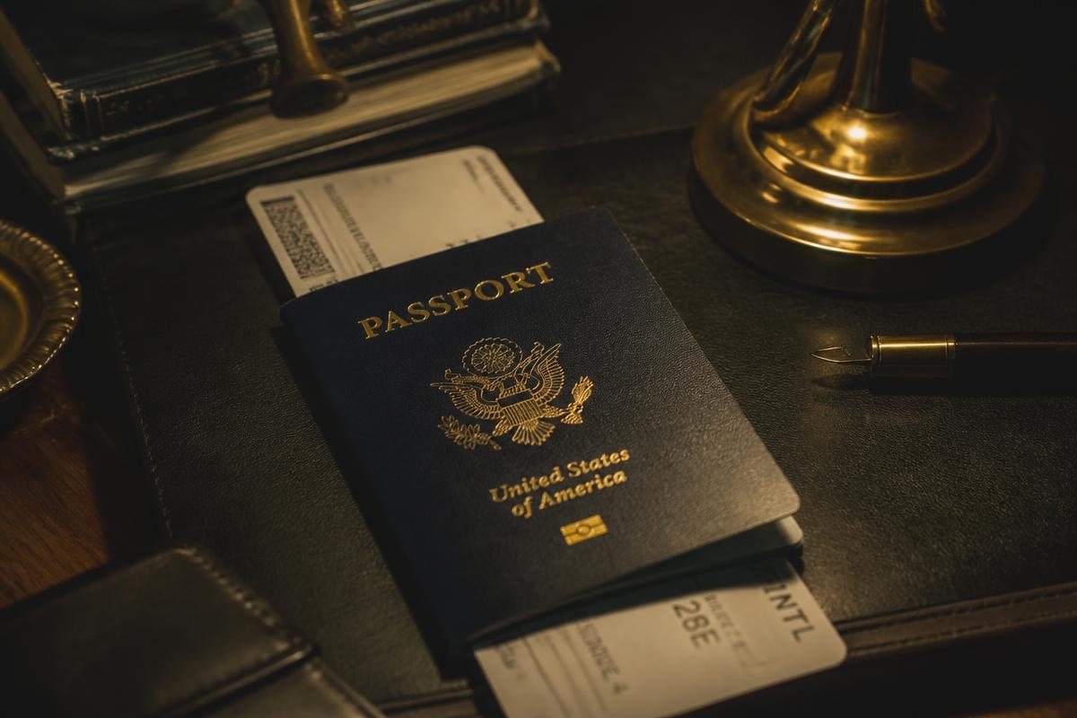Passaporte americano e bandeira estilizada